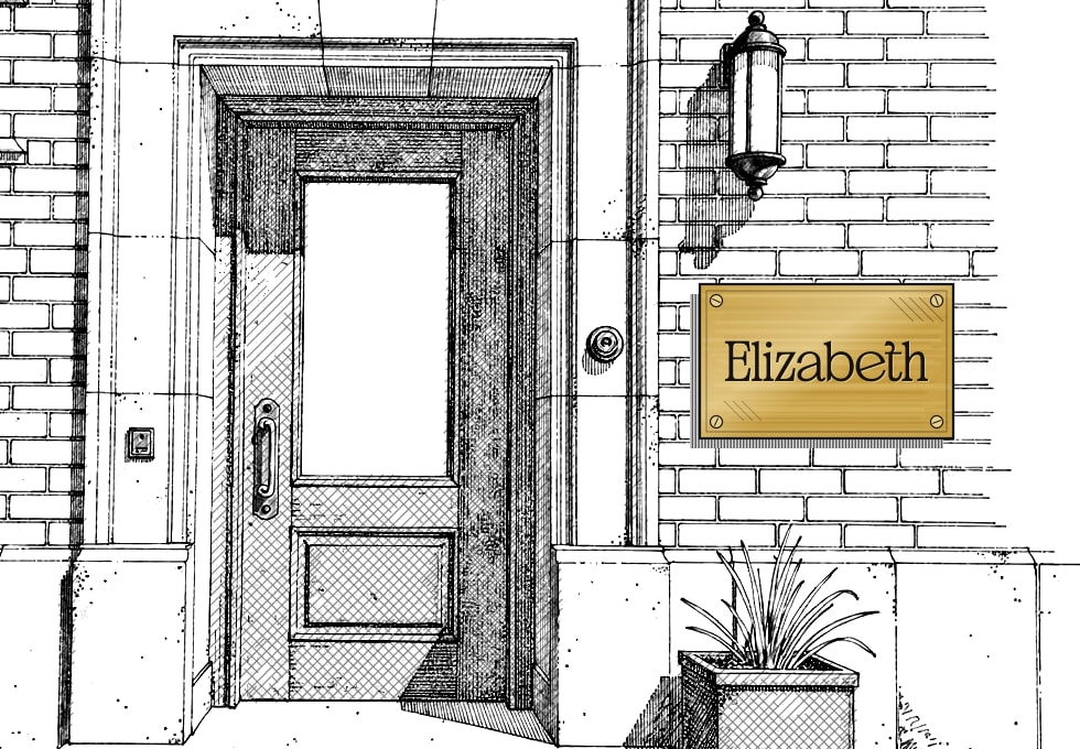 The entrance to Restaurant Elizabeth, the brass Elizabeth plaque beside the door